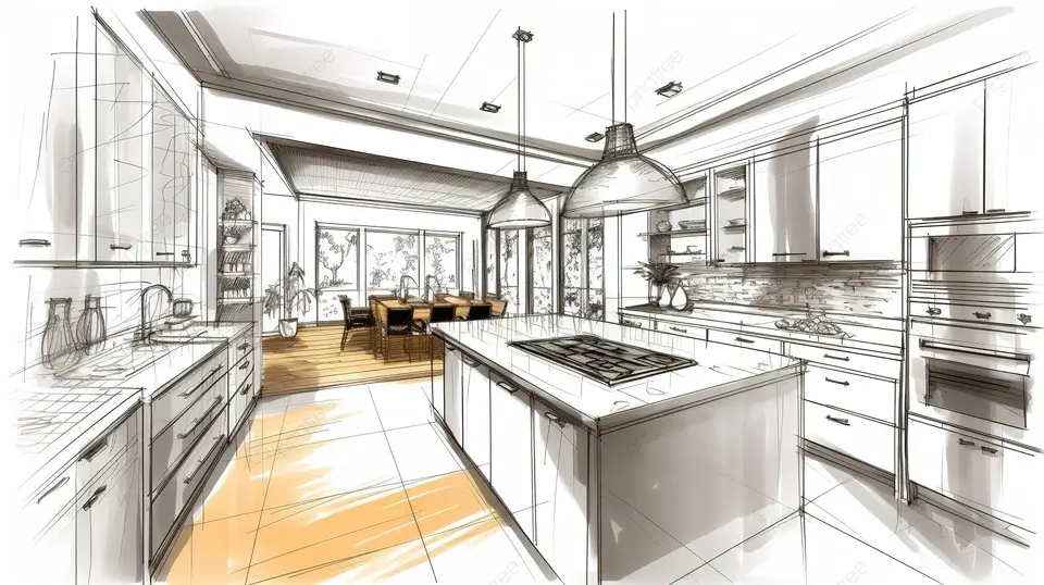 Sketches and blueprints of Kore Kitchen products.